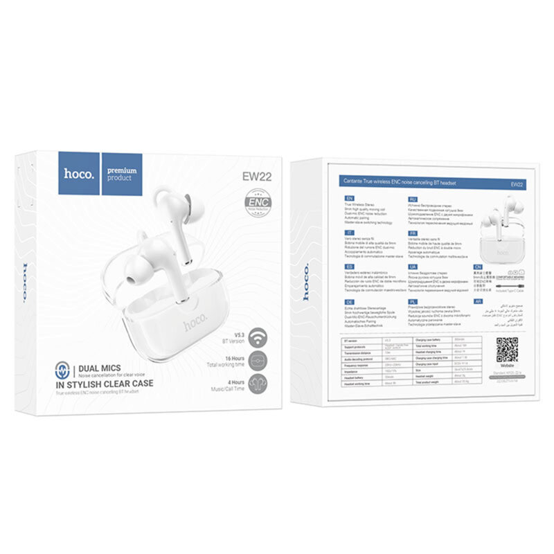 Casti in-ear TWS Bluetooth Noise Cancelling Hoco EW22, alb