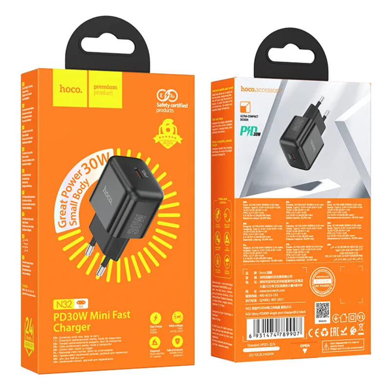 Incarcator priza Type-C Fast Charging PD30W Hoco N32, negru