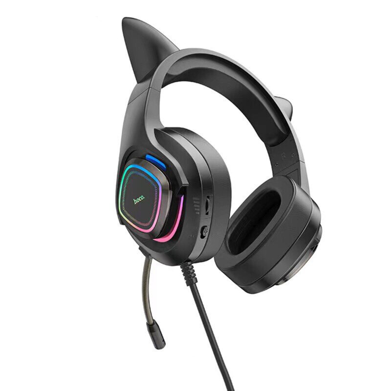 Casti gaming urechi pisica si microfon Hoco W107, negru-roz