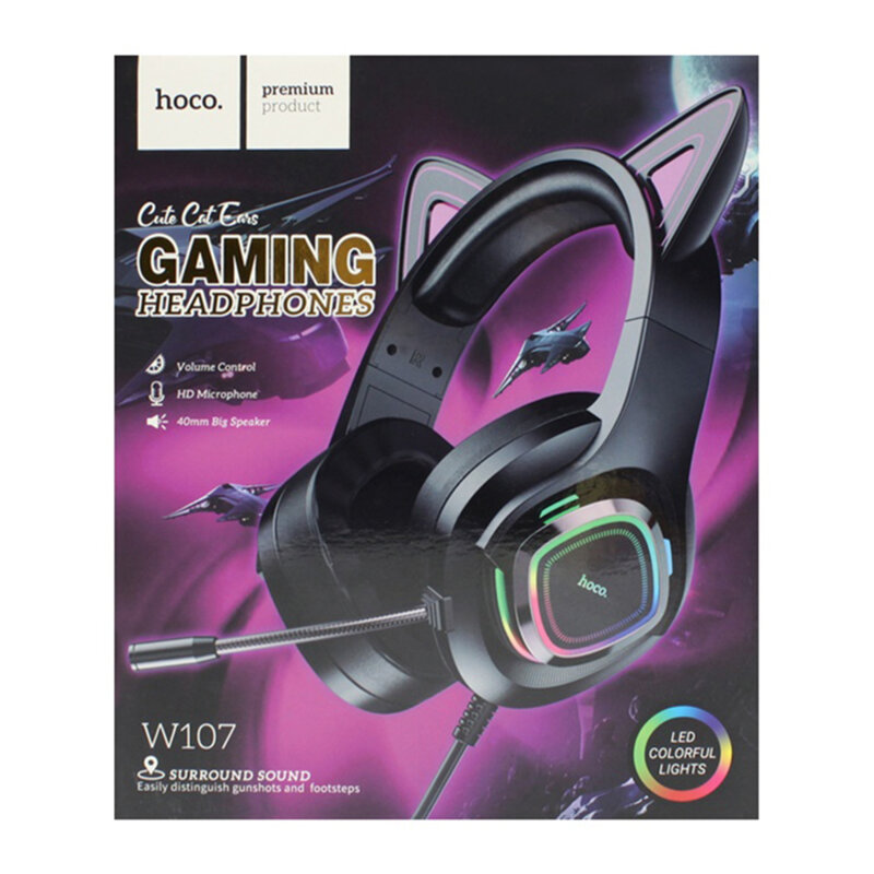 Casti gaming urechi pisica si microfon Hoco W107, negru-verde