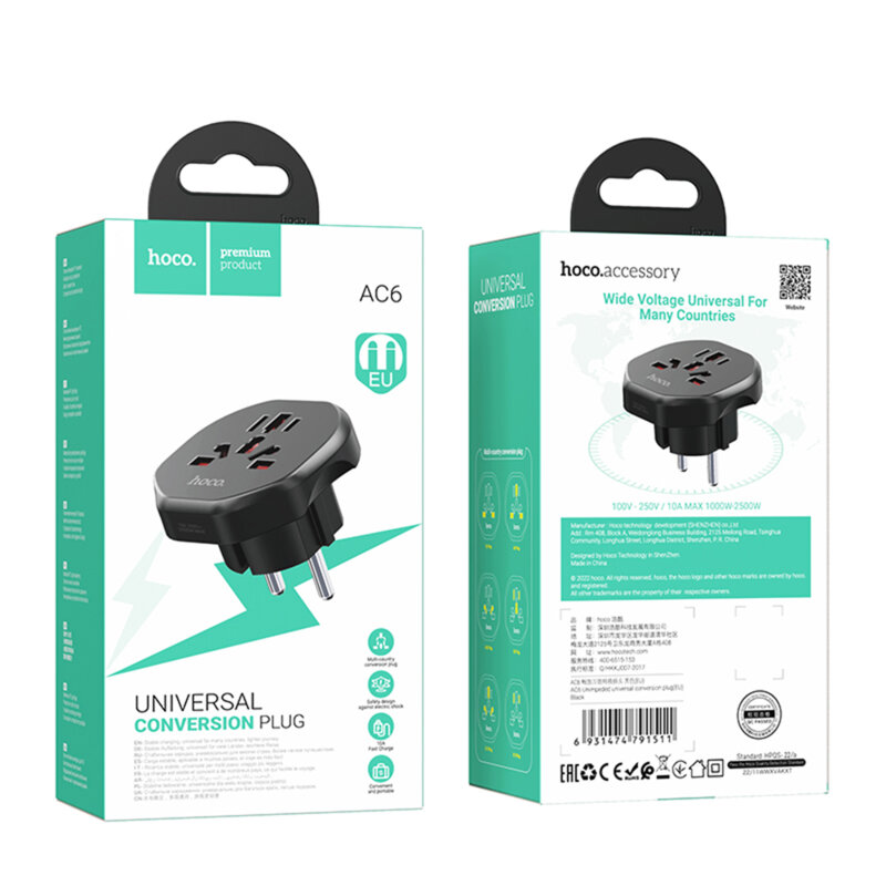 Adaptor priza universal UK/US/AU/EU Plug Hoco AC6, negru