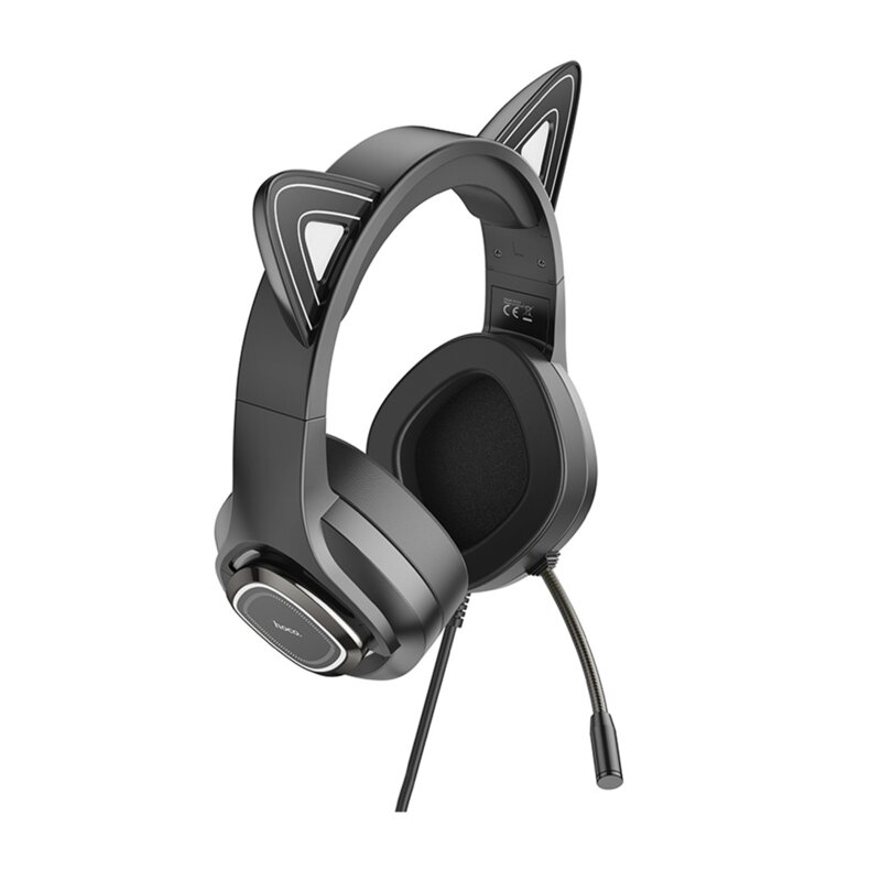 Casti gaming urechi pisica si microfon Hoco W107, negru-verde