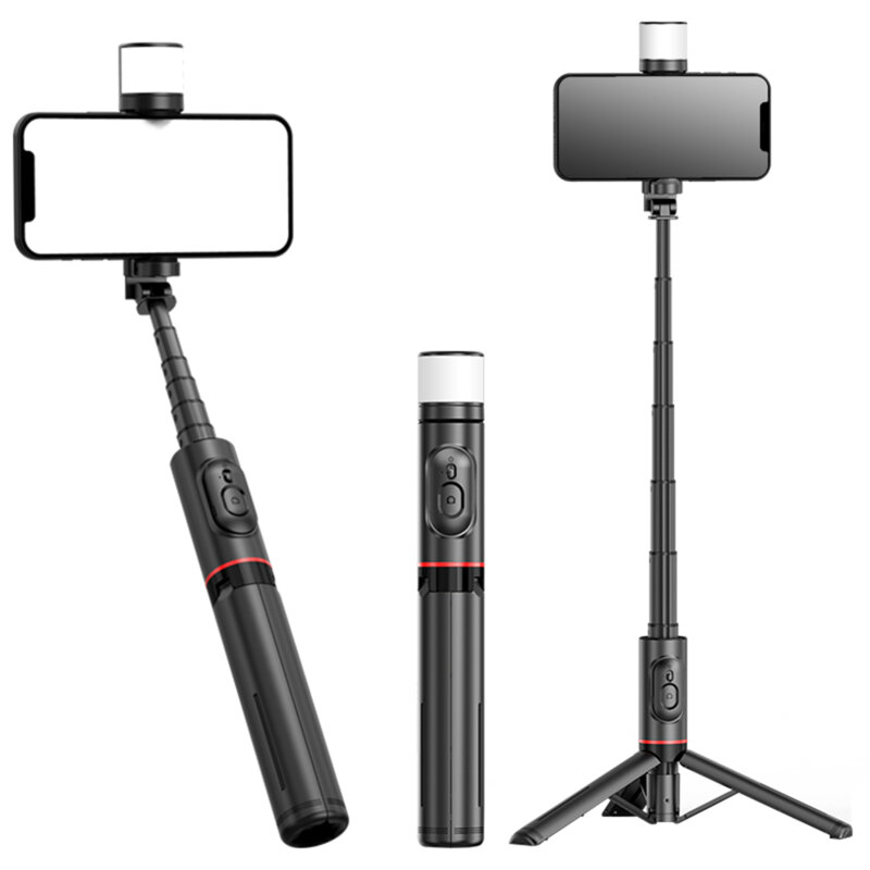 Selfie stick cu telecomanda, trepied LED Techsuit Q12S, negru