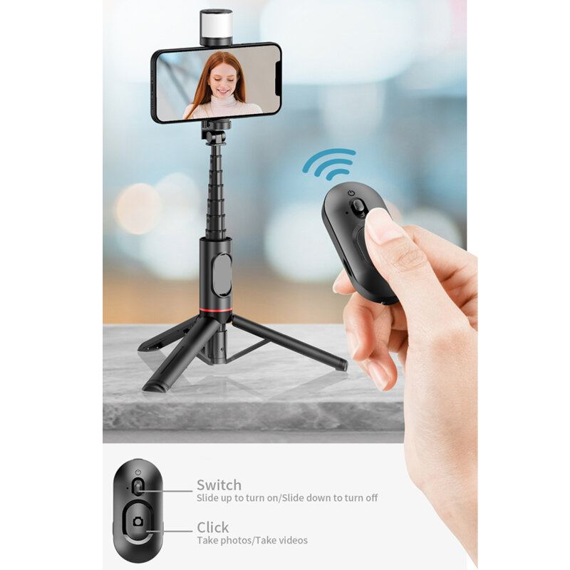 Selfie stick cu telecomanda, trepied LED Techsuit Q12S, 75cm