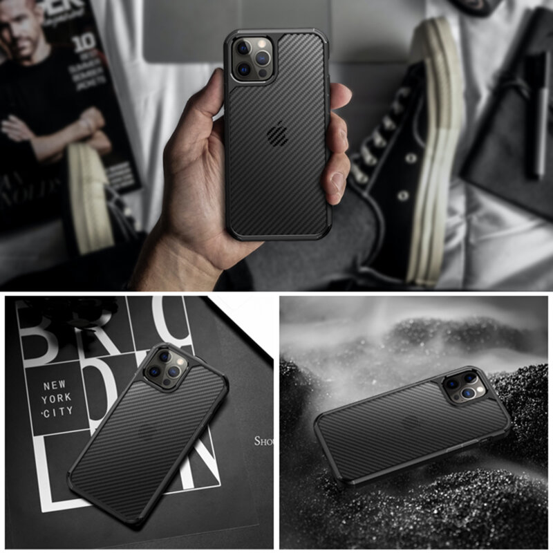 Husa iPhone 12 Pro Techsuit CarbonFuse transparenta, negru