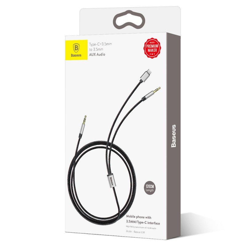 Cablu Audio Baseus L38 USB-C, Jack 3.5 - Jack 3.5mm - Argintiu