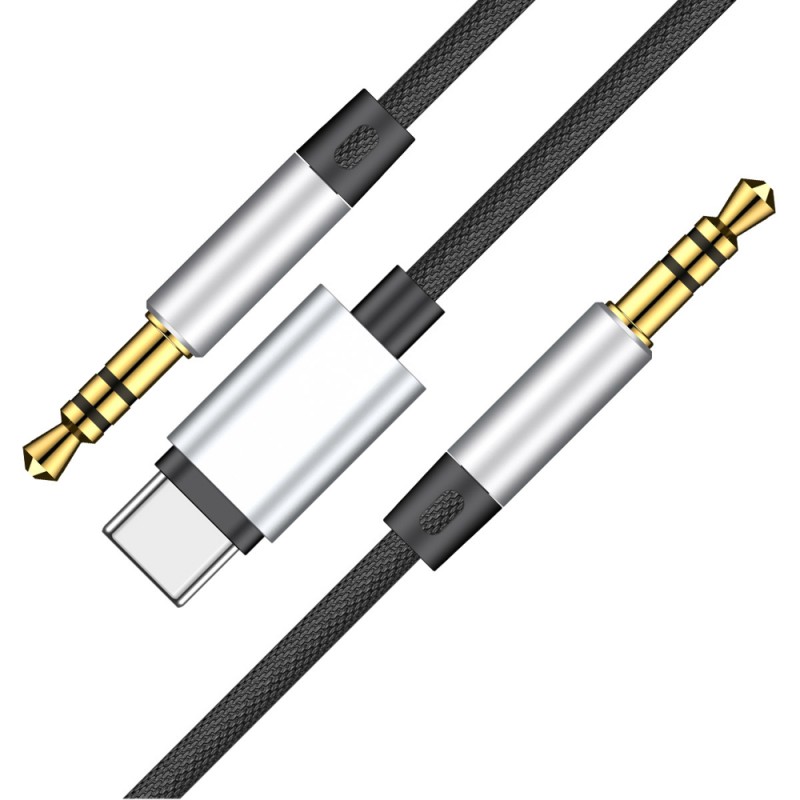 Cablu Audio Baseus L38 USB-C, Jack 3.5 - Jack 3.5mm - Argintiu