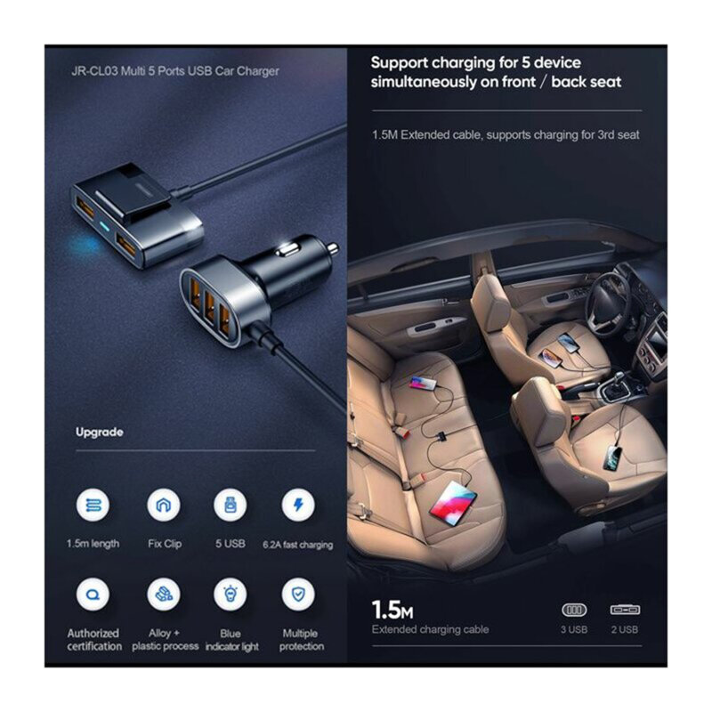 Incarcator telefon auto JoyRoom, 5x USB, 6.2A, 1.5m, JR-CL03