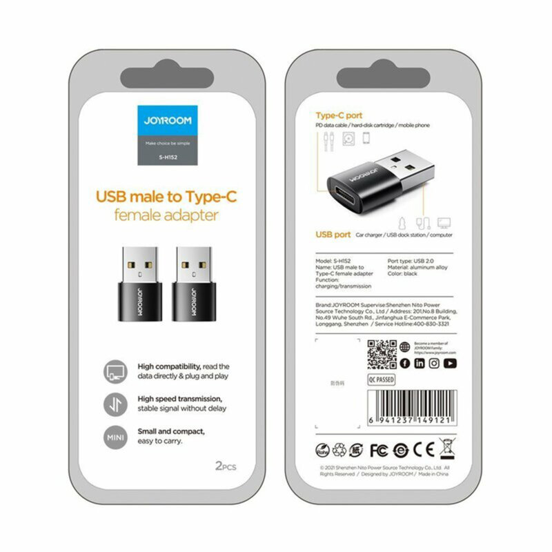 [Pachet 2x] Adaptor Type-C la USB OTG JoyRoom, negru, S-H152