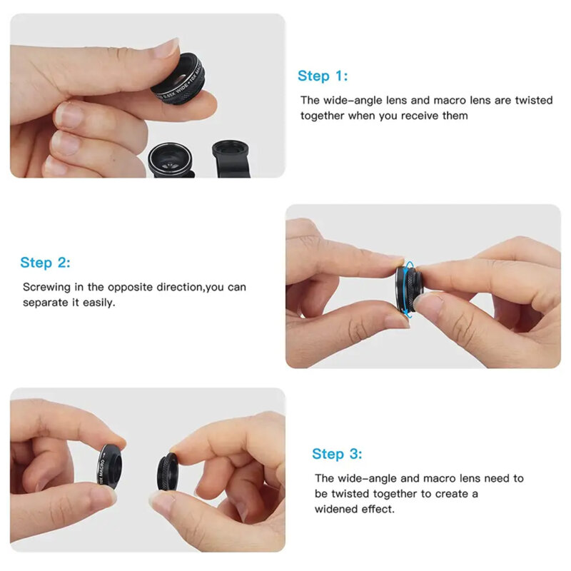 [Set 3x] Lentila telefon macro, wide, fisheye Techsuit W33, negru