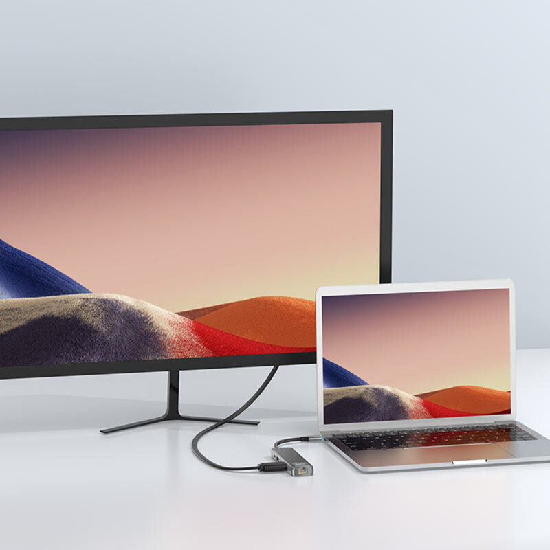 Hub USB-C, HDMI, RJ45, docking station USB Hoco HB23, gri