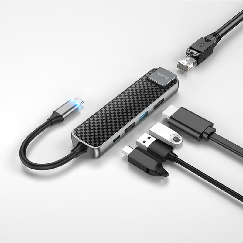 Hub USB-C, HDMI, RJ45, docking station USB Hoco HB23, gri