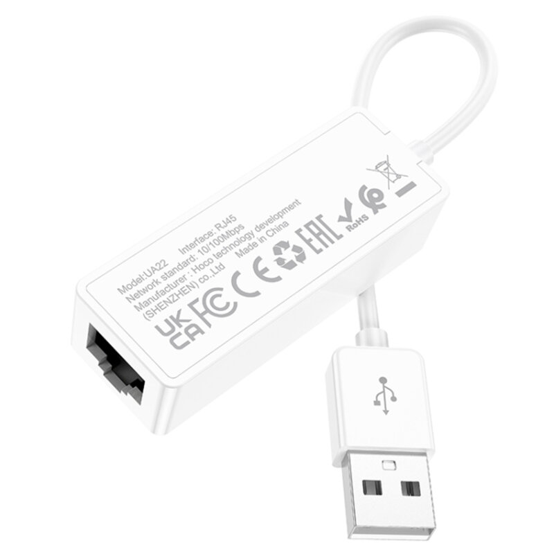 Adaptor Ethernet RJ45 USB Hoco UA22, 100Mbps, 15cm, alb