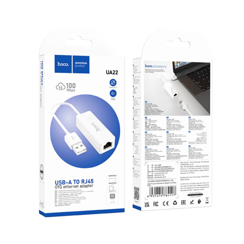 Adaptor Ethernet RJ45 USB Hoco UA22, 100Mbps, 15cm, alb