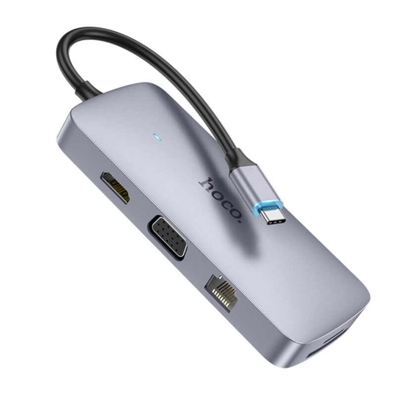 Dock USB-C Hoco HB33, USB, HDMI, RJ45, SD/TF, VGA, Jack, gri