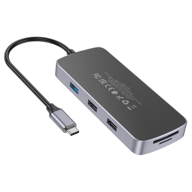 Dock USB-C Hoco HB33, USB, HDMI, RJ45, SD/TF, VGA, Jack, gri