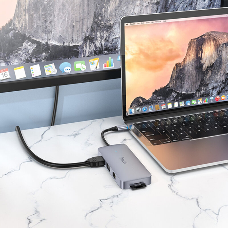 Dock USB-C Hoco HB33, USB, HDMI, RJ45, SD/TF, VGA, Jack, gri