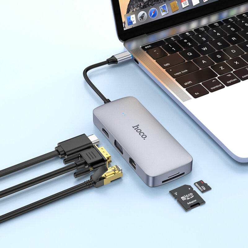 Dock USB-C Hoco HB33, USB, HDMI, RJ45, SD/TF, VGA, Jack, gri