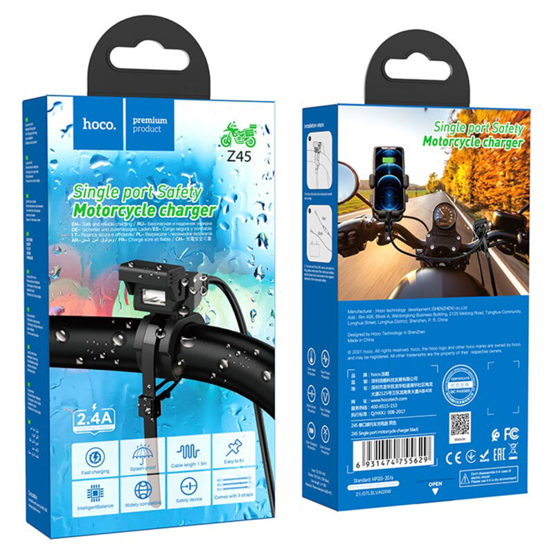 Incarcator telefon motocicleta waterproof Hoco Z45, 2.4A, 1.5m