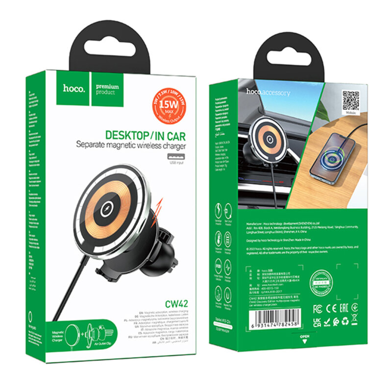 Suport auto cu incarcare wireless Hoco CW42, 15W, negru