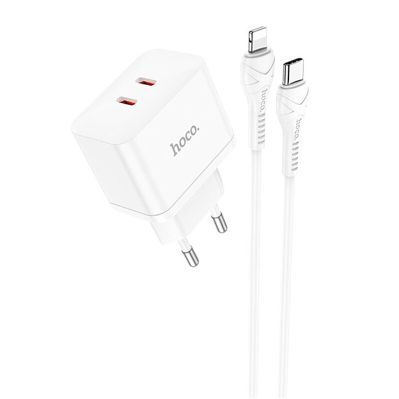 Incarcator priza 2xType-C Hoco N29 + cablu iPhone, 35W, alb