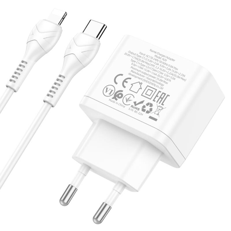 Incarcator priza 2xType-C Hoco N29 + cablu iPhone, 35W, alb