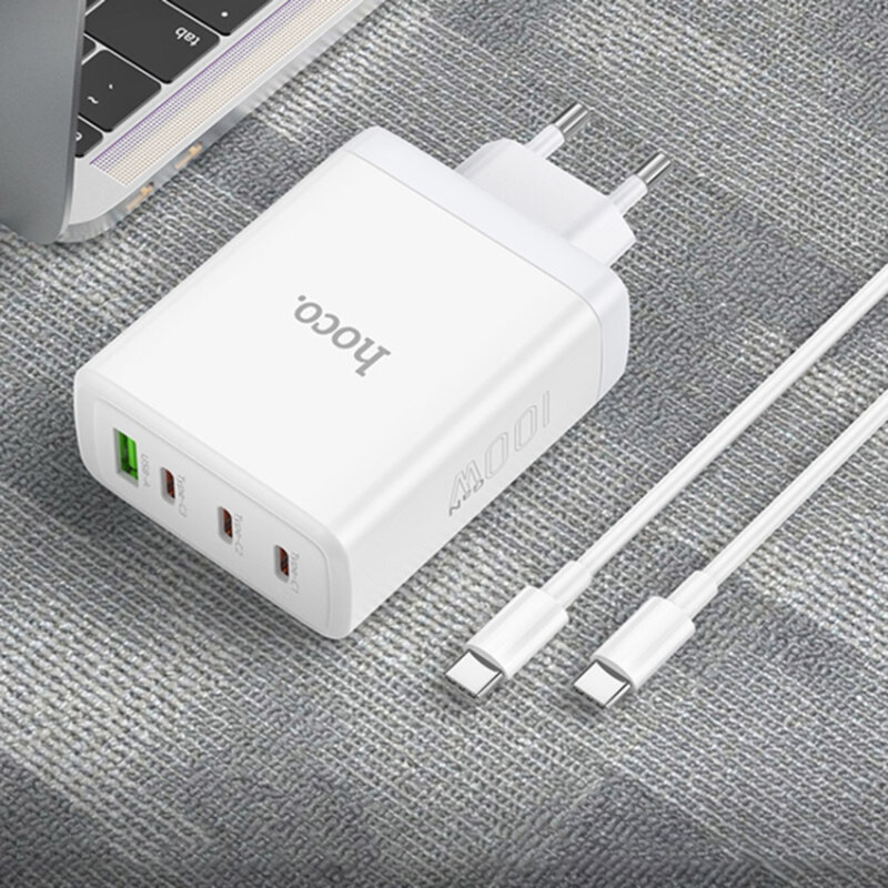 Incarcator priza 3xtip C, USB Hoco N31 + cablu tip C, 100W