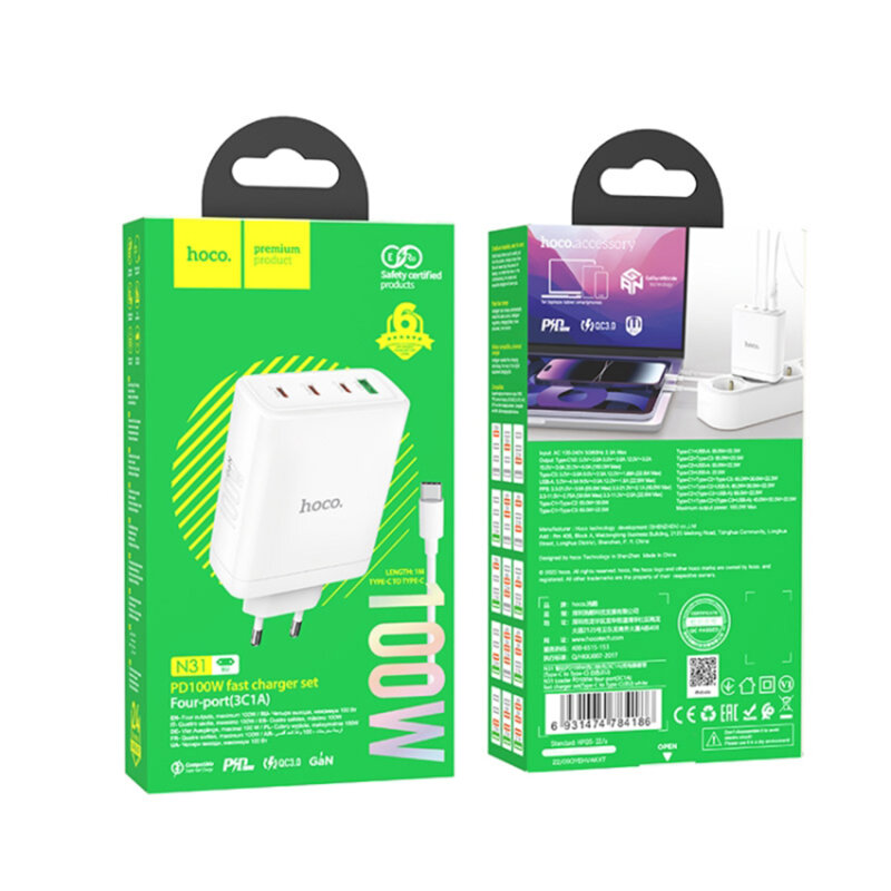 Incarcator priza 3xtip C, USB Hoco N31 + cablu tip C, 100W