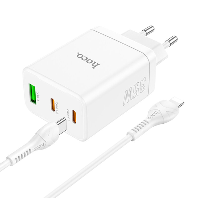 Incarcator priza USB Type-C Hoco N33 + cablu iPhone, 35W, alb
