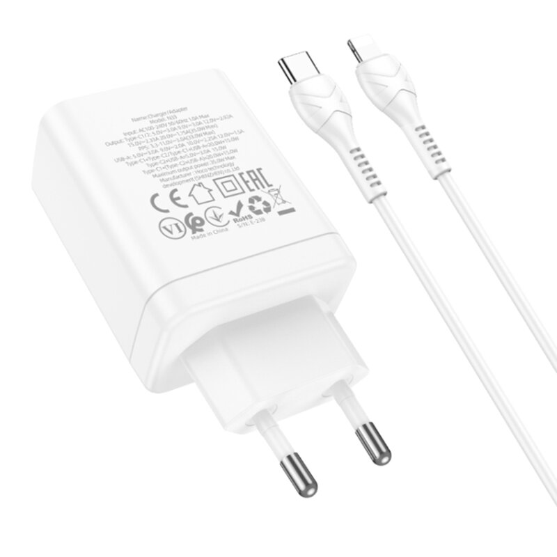 Incarcator priza USB Type-C Hoco N33 + cablu iPhone, 35W, alb