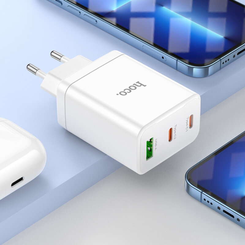 Incarcator priza USB Type-C Hoco N33 + cablu iPhone, 35W, alb