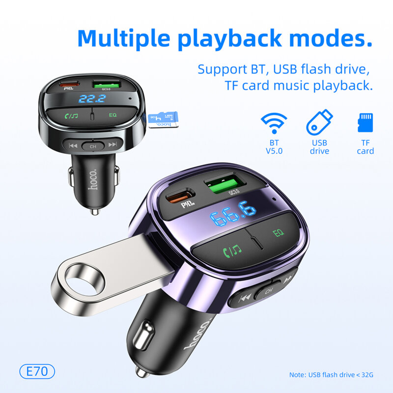 Modulator auto Bluetooth FM PD30W + USB QC3.0 Hoco E70, negru