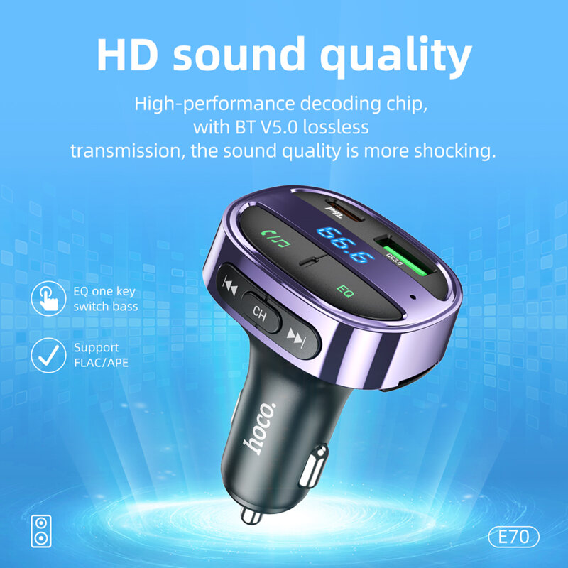 Modulator auto Bluetooth FM PD30W + USB QC3.0 Hoco E70, negru