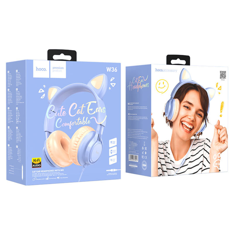Casti cu urechi de pisica, fir si microfon Hoco W36, bleu
