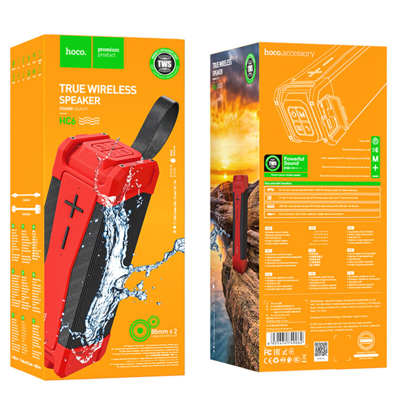 Boxa wireless portabila Bluetooth Hoco HC6, TWS, rosu