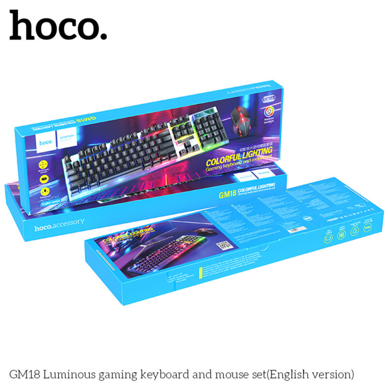 Kit tastatura si mouse gaming Hoco GM18, cu fir, lumini RGB