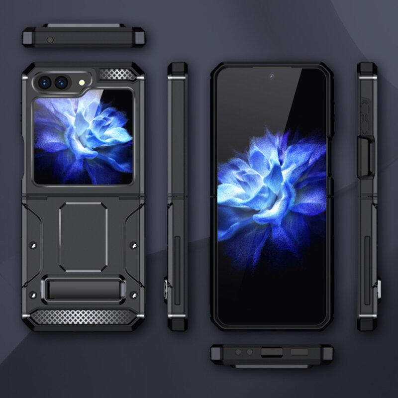 Husa antisoc Samsung Galaxy Z Flip5 Techsuit Hybrid Armor Kickstand, negru