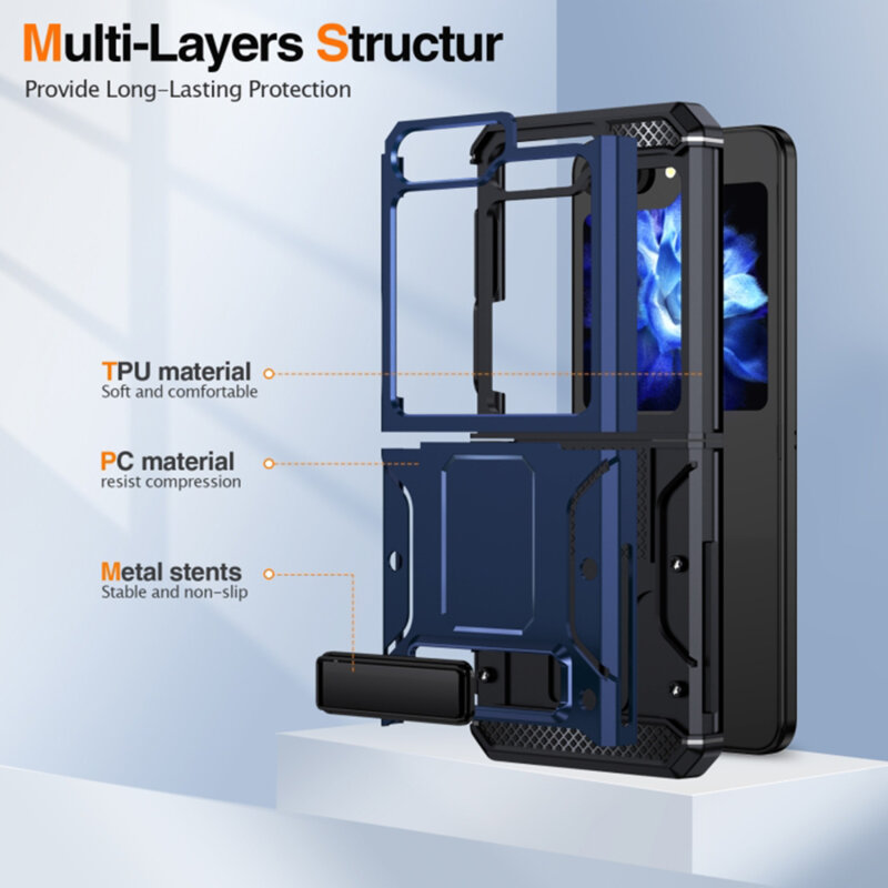Husa antisoc Samsung Galaxy Z Flip5 Techsuit Hybrid Armor Kickstand, albastru