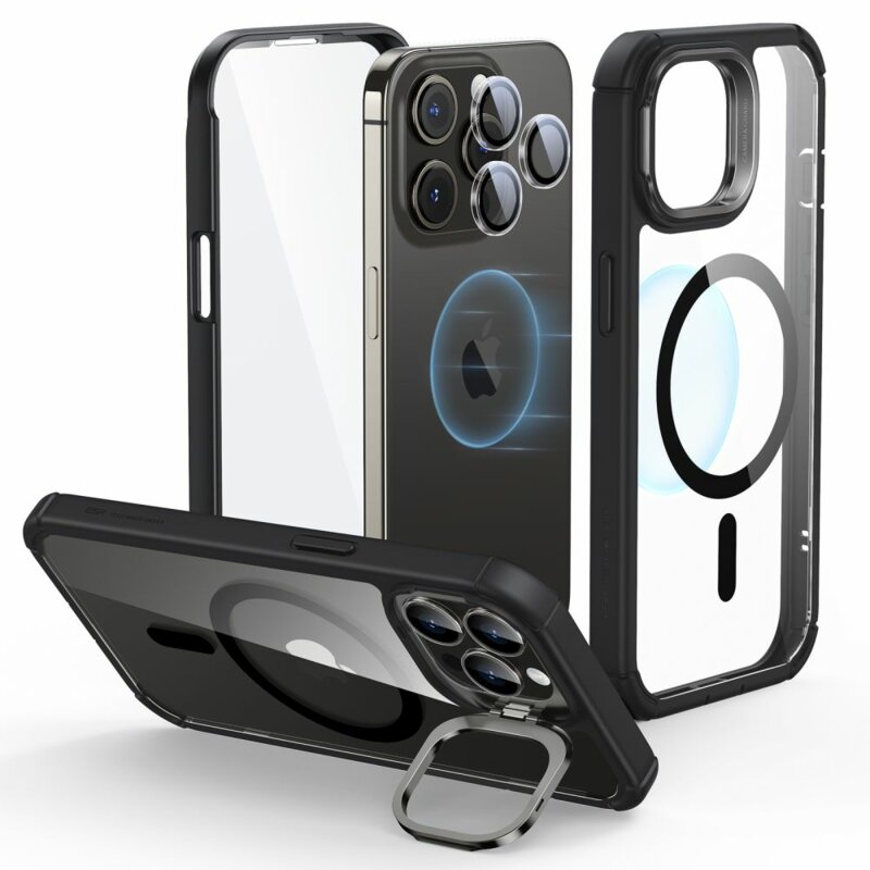 [Pachet 360°] Husa + folie iPhone 15 Pro Max ESR Armor Tough Kickstand HaloLock, negru/transparenta