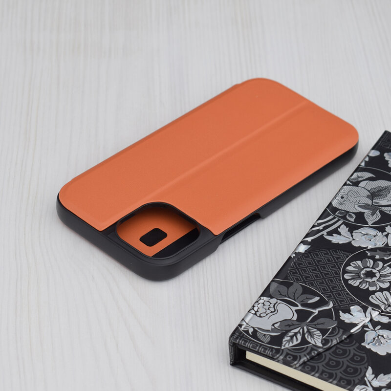 Husa iPhone 15 Eco Leather View flip tip carte, portocaliu