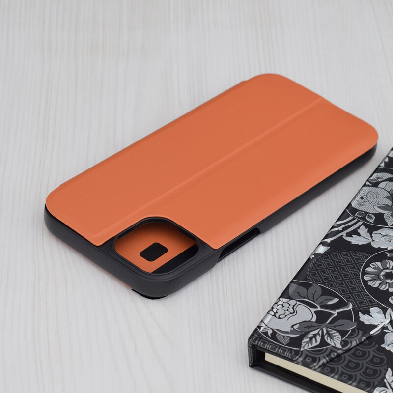Husa iPhone 15 Plus Eco Leather View flip tip carte, portocaliu
