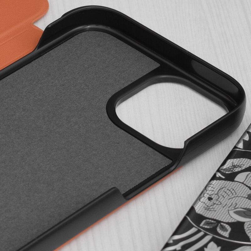 Husa iPhone 15 Eco Leather View flip tip carte, portocaliu