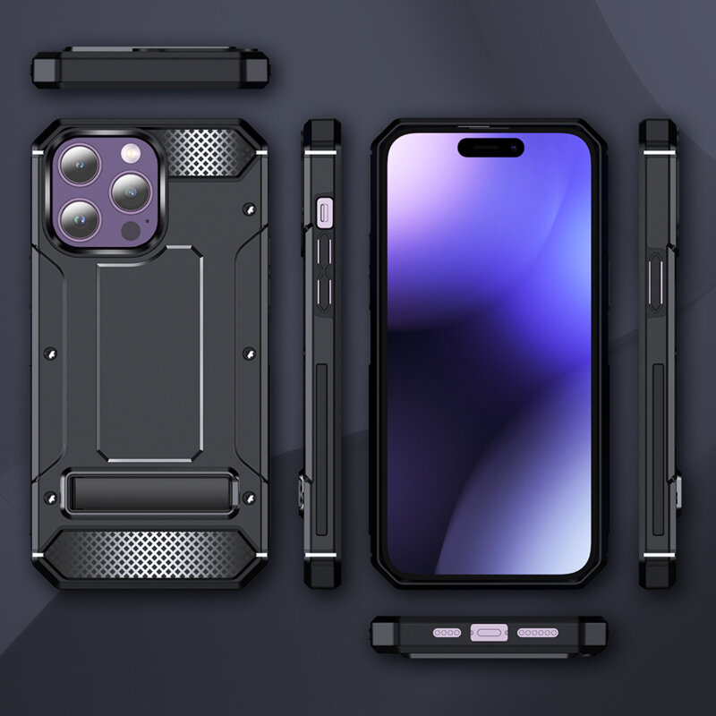 Husa antisoc iPhone 15 Pro Techsuit Hybrid Armor Kickstand, albastru