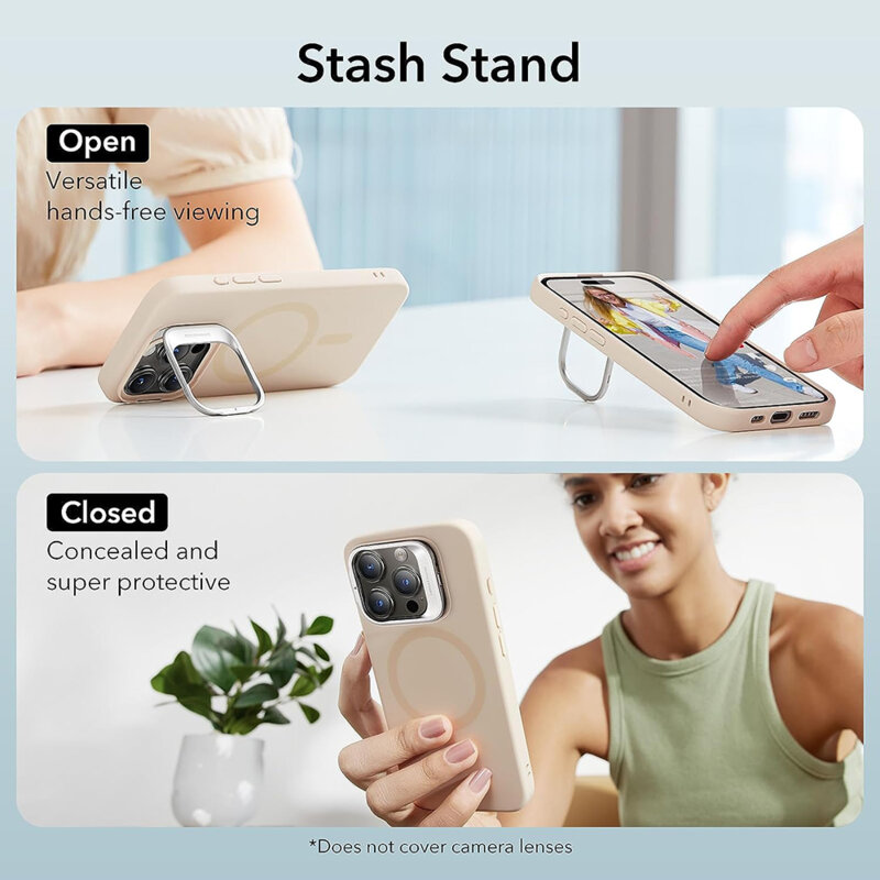 Husa iPhone 15 Pro ESR Cloud Soft HaloLock Kickstand, crem