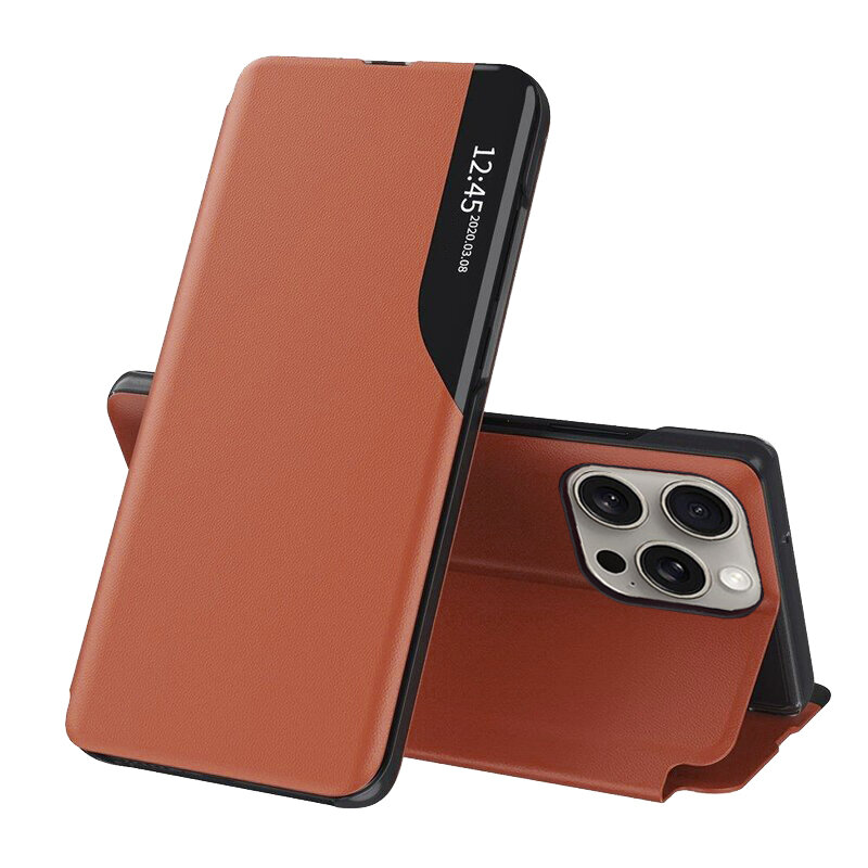 Husa iPhone 15 Pro Eco Leather View flip tip carte, portocaliu