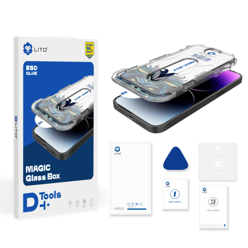 Folie sticla iPhone 15 Lito Magic Glass Box D+ Tools, transparenta