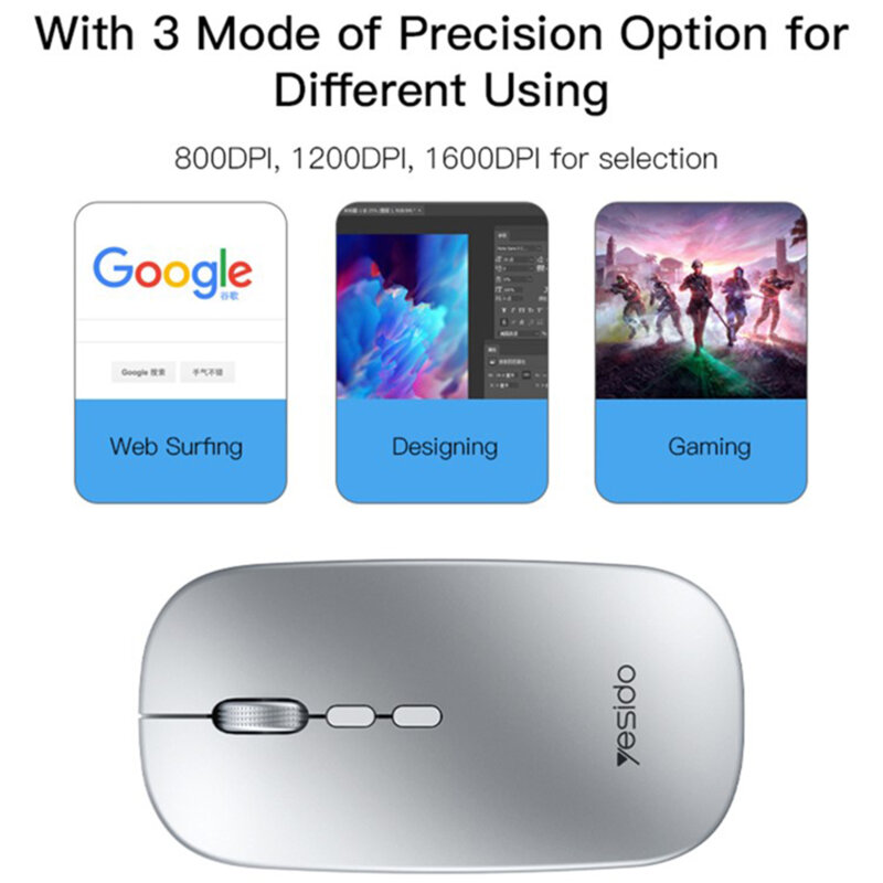 Mouse Wireless pentru laptop, PC, 1600DPI Yesido KB15, argintiu