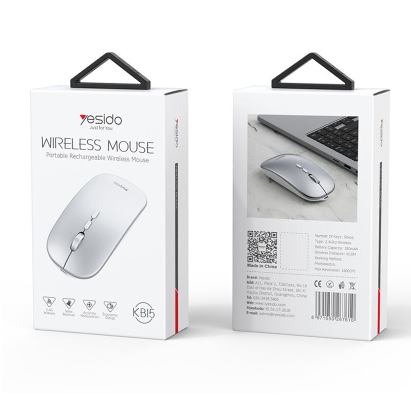 Mouse Wireless pentru laptop, PC, 1600DPI Yesido KB15, argintiu