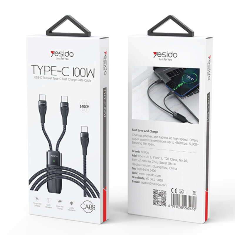 Cablu date 100W Type-C la 2xType-C Yesido CA88, 1.4m, negru