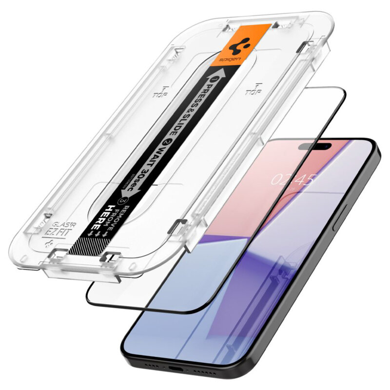 [Pachet 2x] Folie iPhone 15 Pro Spigen Glas.tR EZ Fit, negru